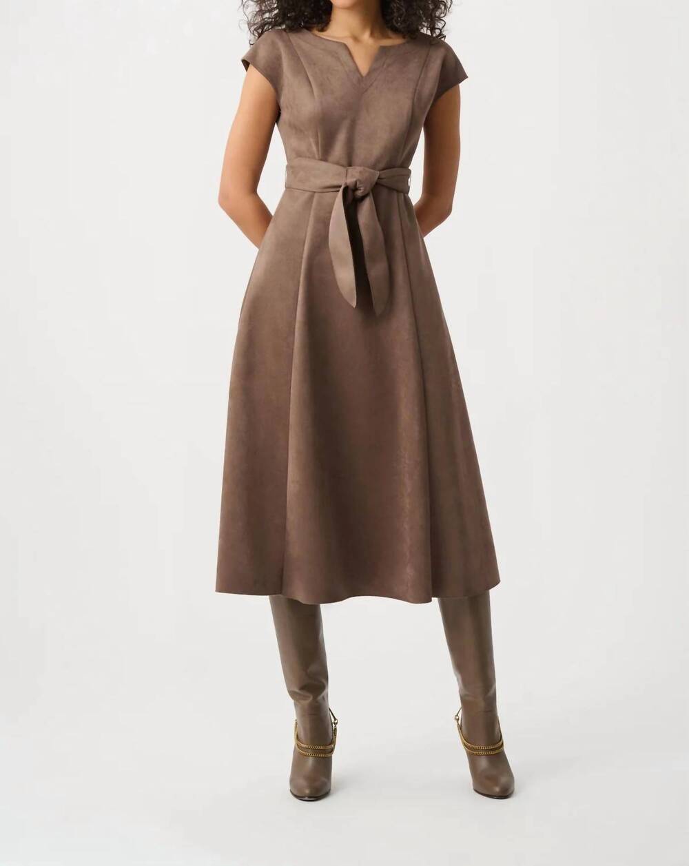 NEW JOSEPH RIBKOFF scuba suede belted midi dress in mink